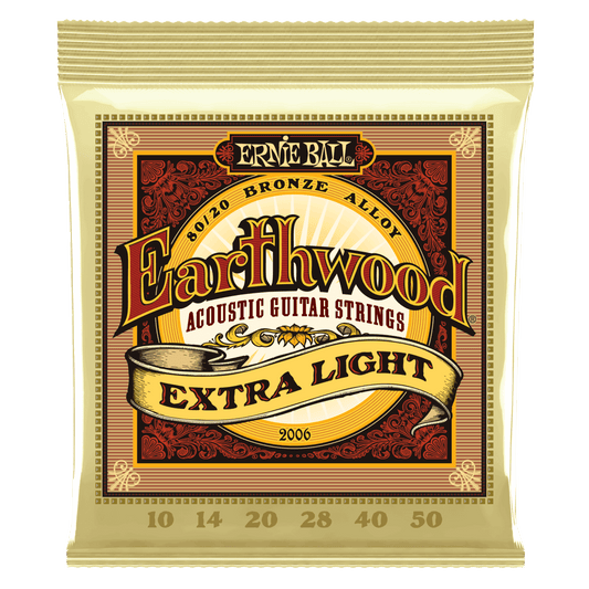 ERNIE BALL EARTHWOOD ACOUSTIC GUITAR STRINGS 2006 EXTRA LIGHT PACKAGE FRONT VIEW ON TRANSPARENT BACKGROUND