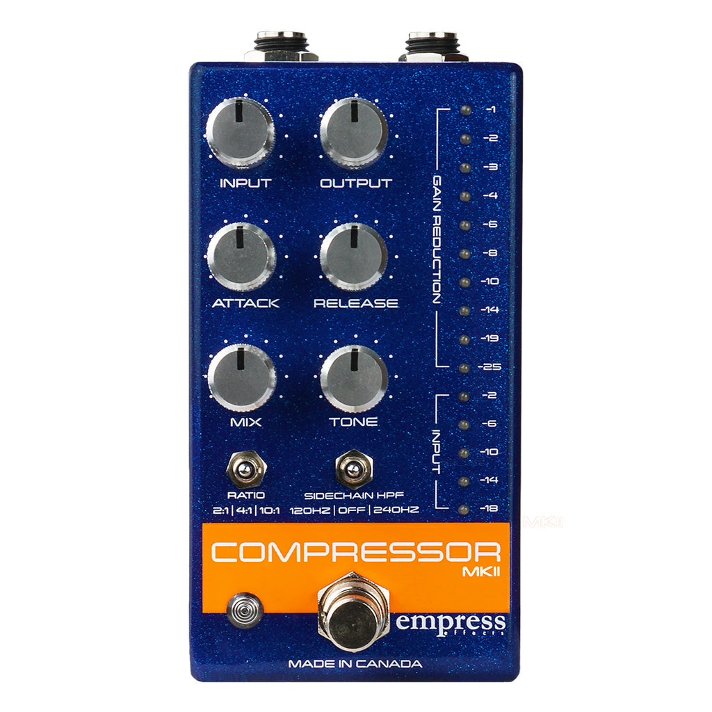 EMPRESS EFFECTS COMPRESSOR MK II BLUE SPARKLE AND SILVER SPARKLE FRONT VIEW ON WHITE BACKGROUND