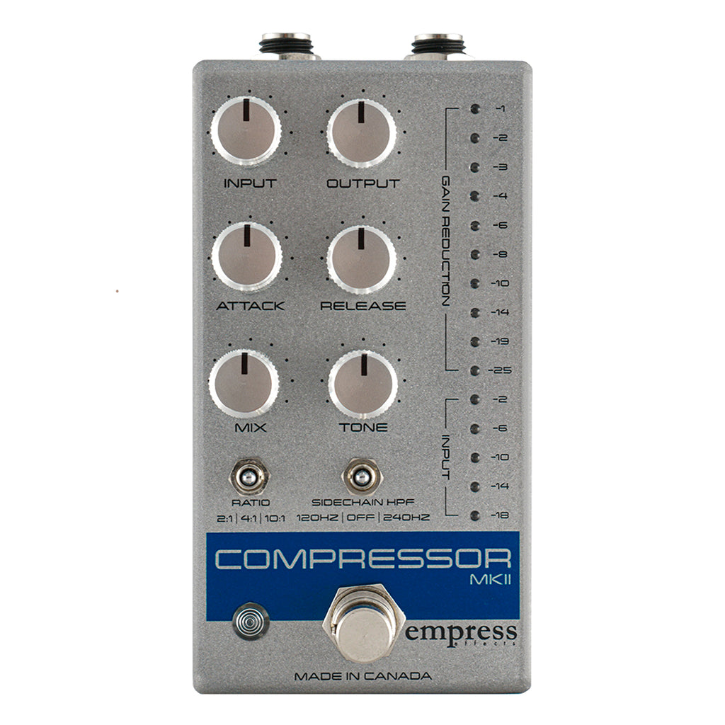 EMPRESS EFFECTS COMPRESSOR MK II BLUE SPARKLE AND SILVER SPARKLE SILVER PEDAL FRONT VIEW ON WHITE BACKGROUND