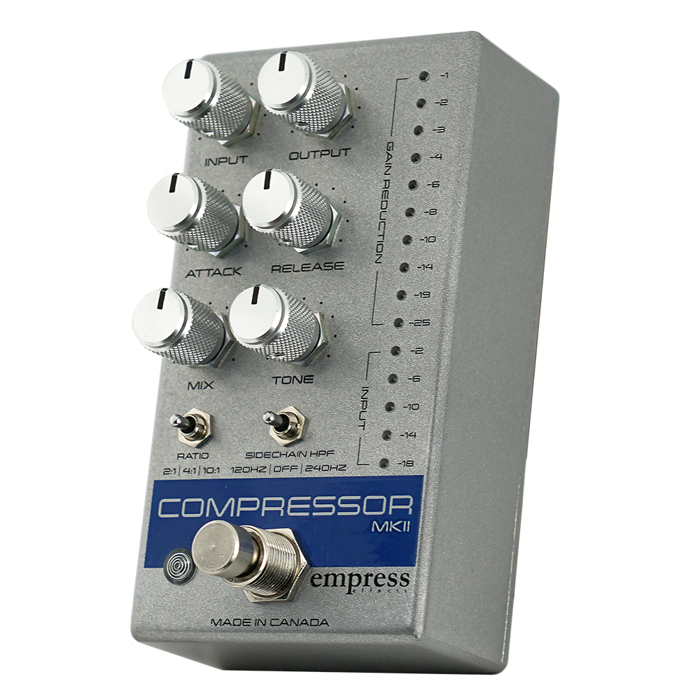 EMPRESS EFFECTS COMPRESSOR MK II BLUE SPARKLE AND SILVER SPARKLE SILVER PEDAL FRONT AND RIGHT SIDE VIEW ON TRANSPARENT BACKGROUND