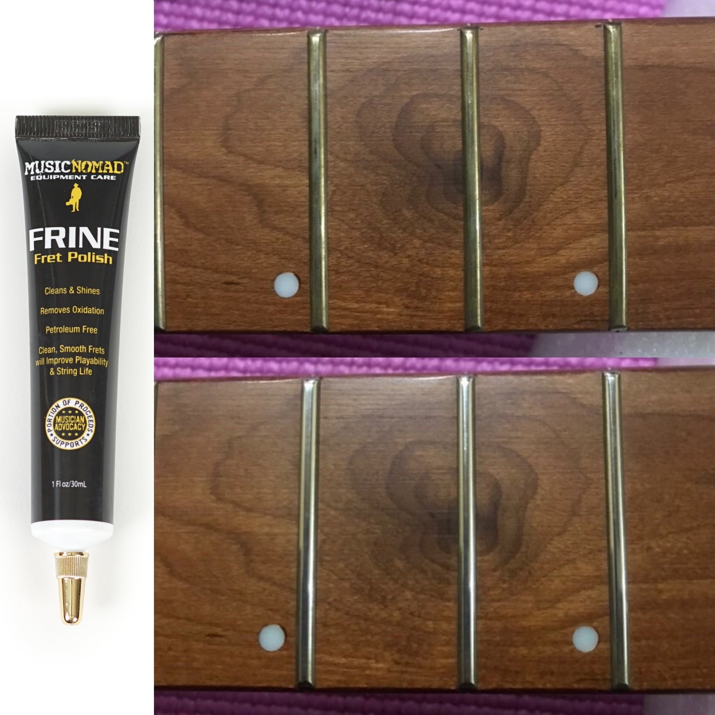 MUSIC NOMAD MN104 FRINE FRET POLISH FRONT VIEW ON WHITE BACKGROUND WITH BEFORE AND AFTER PHOTO