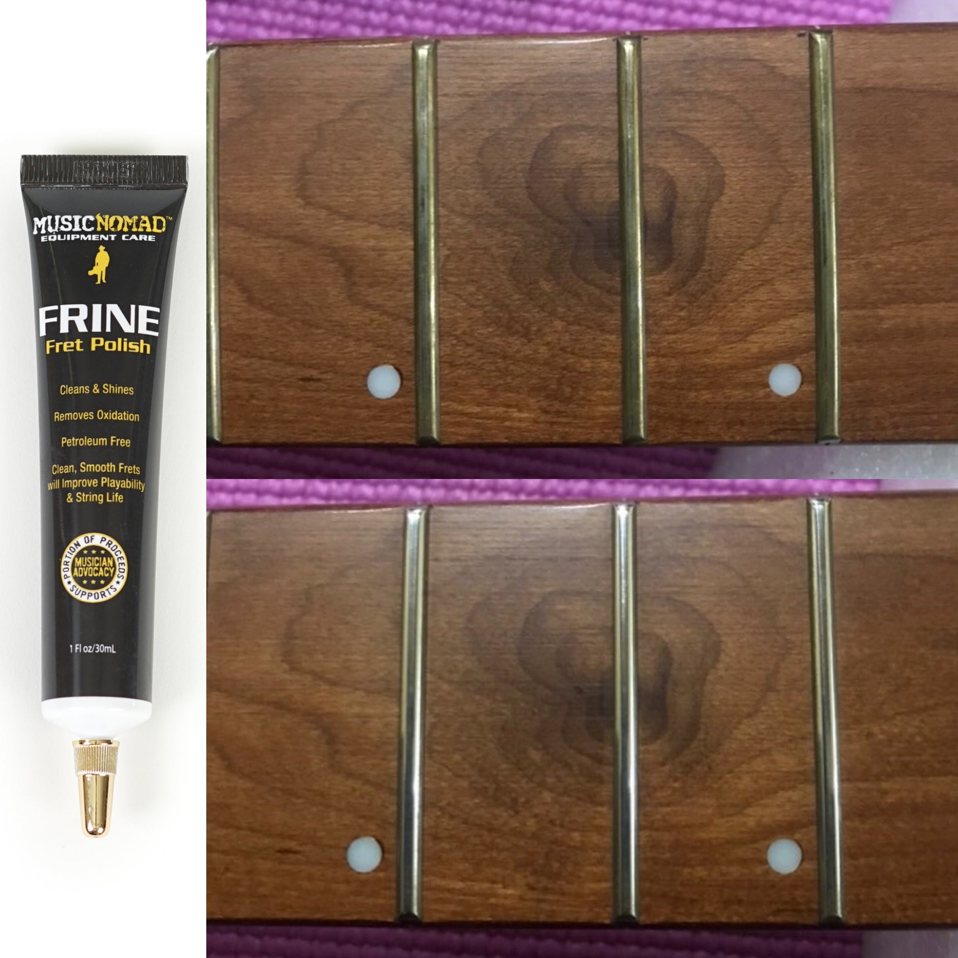 MUSIC NOMAD MN104 FRINE FRET POLISH FRONT VIEW ON WHITE BACKGROUND WITH BEFORE AND AFTER PHOTO