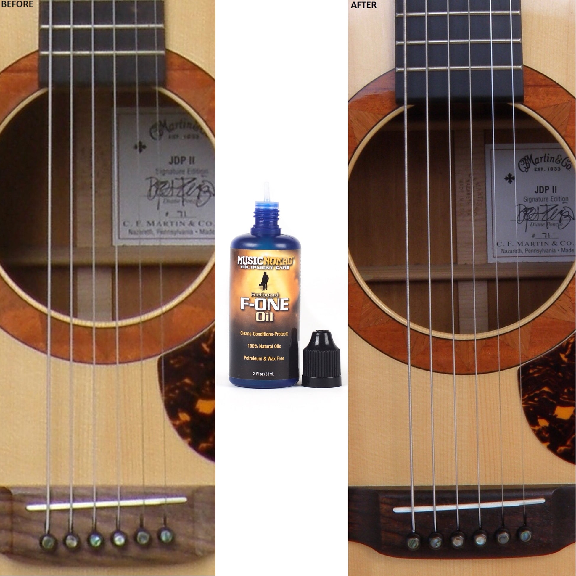 MUSIC NOMAD MN105 FRETBOARD OIL CLEANER AND CONDITIONER F-ONE OIL BOTTLE OPEN WITH CAP AND TWO ACOUSTIC GUITARS ON WHITE BACKGROUND
