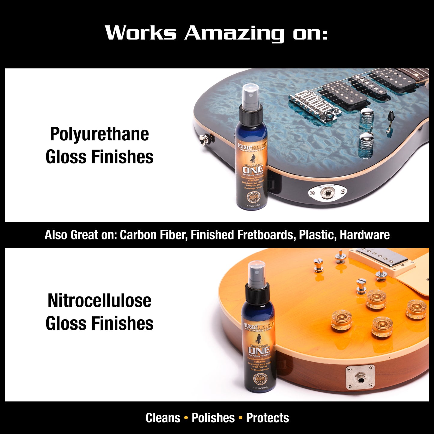 MUSICNOMAD GUITAR COMPLETE CLEANING CARE KIT MN108 WORKS AMAZING ON PICTURE OF ELECTRIC GUITAR POLYURETHANE GLOSS FINISHED ALSO GREAT ON CARBON FIBER FINISHED FRETBOARDS PLASTIC AND HARDWARE NITROCELLULOSE GLOSS FINISHES ON WHITE BACKGROUND