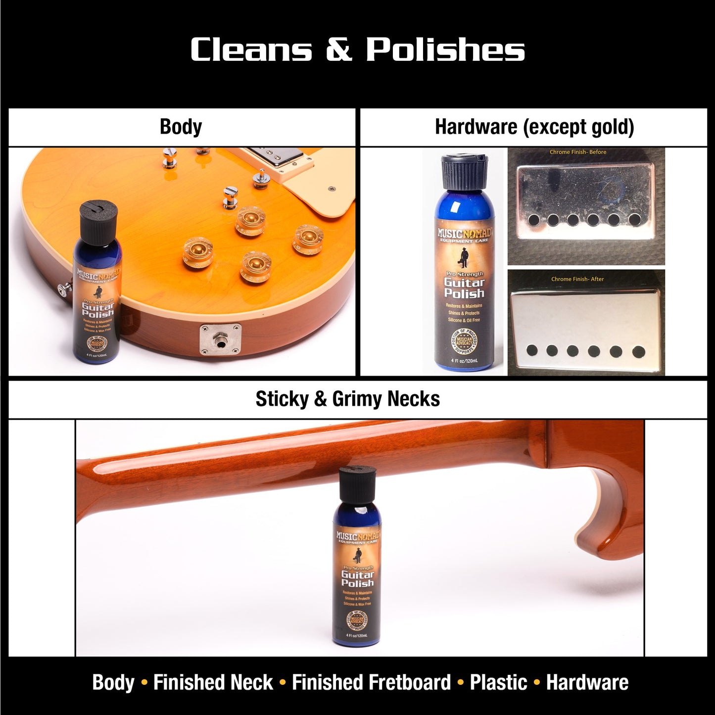 MUSICNOMAD GUITAR COMPLETE CLEANING CARE KIT MN108 CLEANS AND POLISHED BOTTLE NEXT TO ELECTRIC GUITAR HARDWARE EXCEPT GOLD POLISH AND HUMBUCKER COVERS STICKY AND GRIMY NECKS BACK OF NECK WITH BOTTLE IN FRONT ON WHITE BACKGROUND
