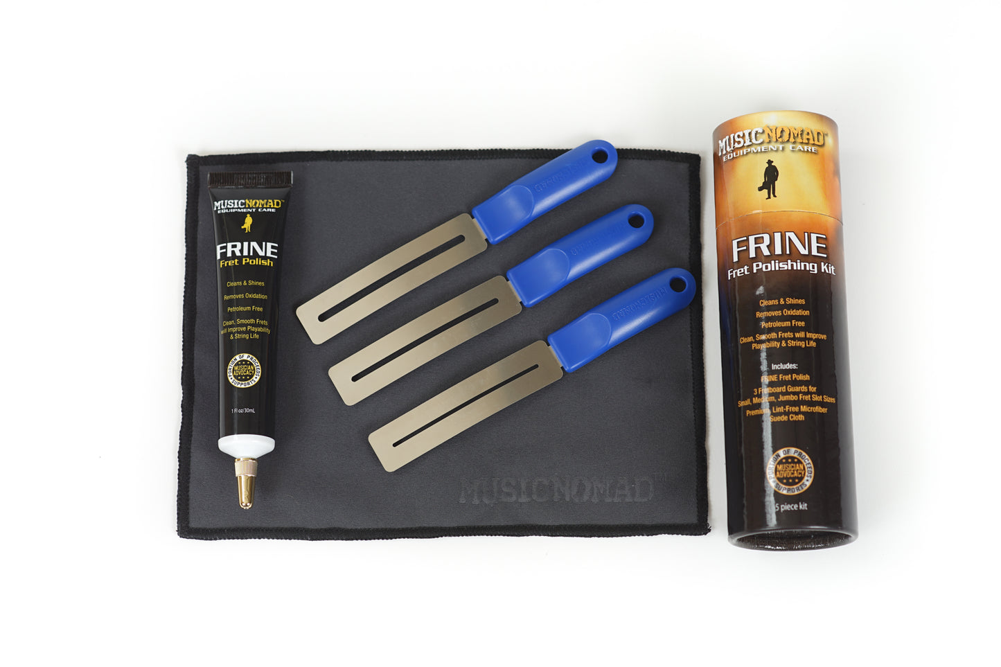 MUSIC NOMAD MN124 FRINE FRET POLISHING KIT PRODUCT VIEW OF ALL PARTS ON WHITE BACKGROUND