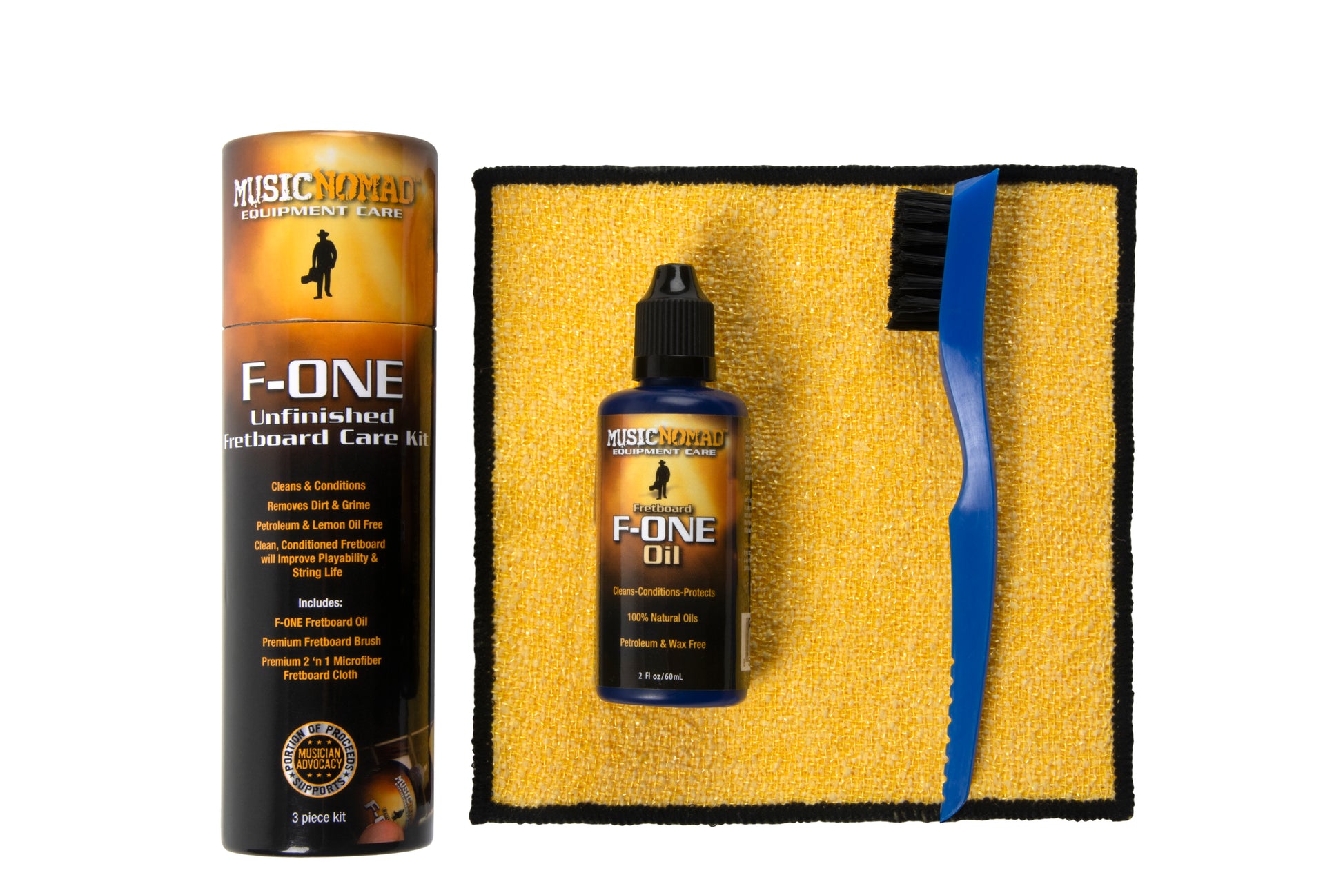 MUSIC NOMAD MN125 UNINISHED FRETBOARD CARE KIT MAIN PRODUCT PHOTO FRETBOARD CARE KIT F-ONE OIL BOTTLE CLEANING BRUSH MICROFIBER CLOTH ON WHITE BACKGROUND