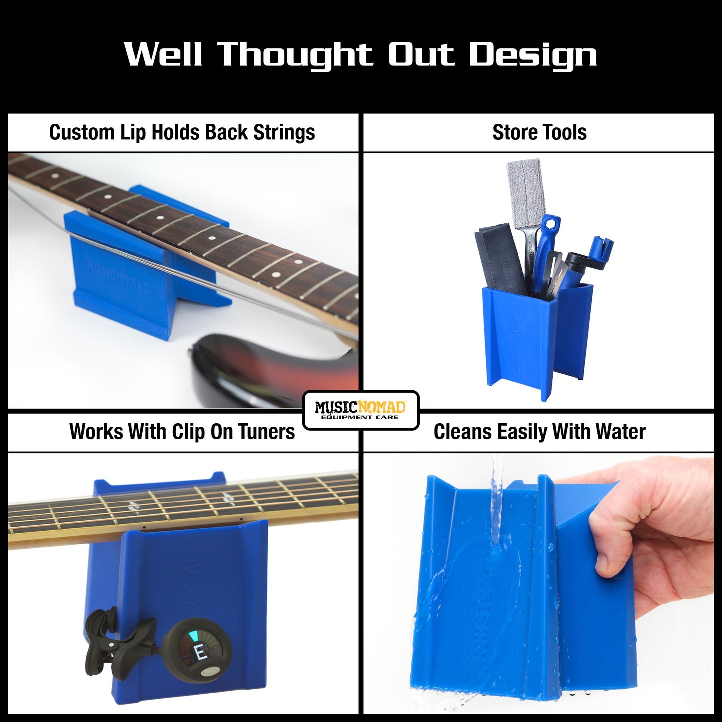 MUSIC NOMAD MN206 CRADLE CUBE CUSTOM LIP HOLDS BACK STRINGS STORE TOOLS WORKS WITH CLIP ON TUNERS CLEANS EASILY WITH WATER DEMO PHOTO