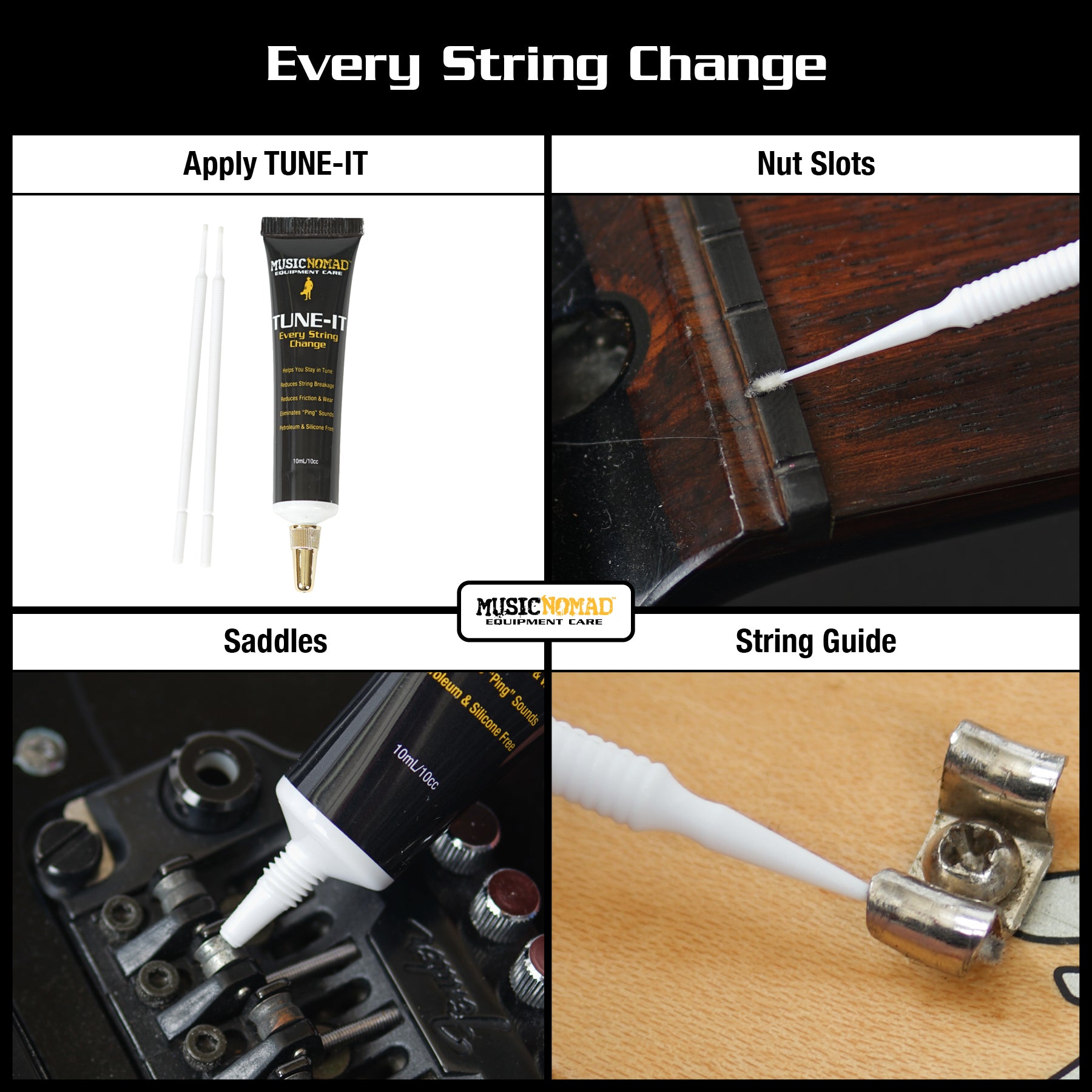 MUSIC NOMAD M218 GUITAR STRING CHANGE TOOL KIT DEMO PHOTO APPLY TUNE IT NUT SLOTS SADDLES STRING GUIDE PHOTO