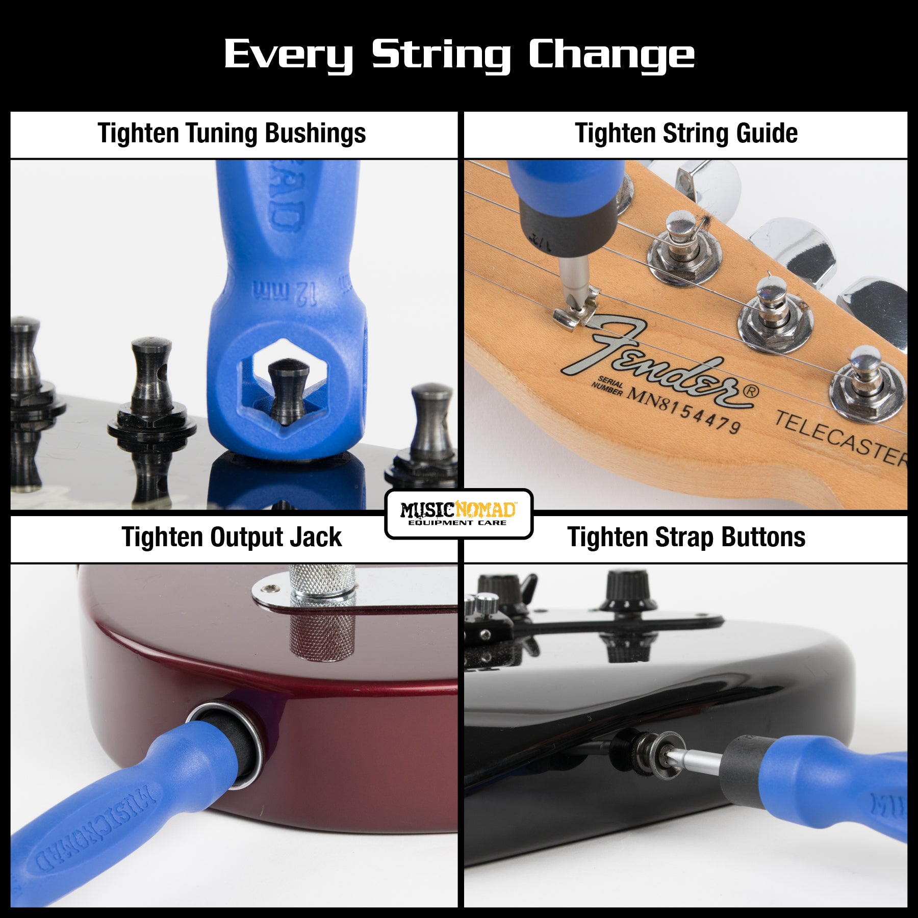 MUSIC NOMAD M218 GUITAR STRING CHANGE TOOL KIT 2X2 PHOTO TIGHTEN BUSHINGS TIGHTEN STRING GUIDE OUTPUT JACK OR STRAP BUTTONS