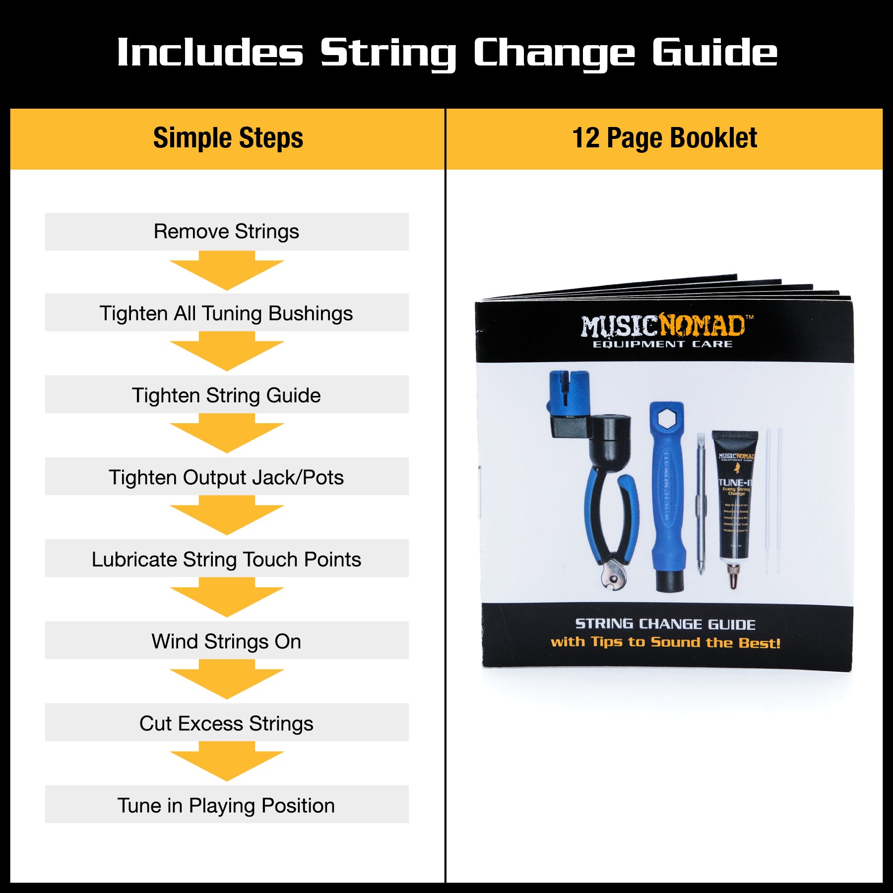 MUSIC NOMAD M218 GUITAR STRING CHANGE TOOL KIT SIMPLE STEPS AND 12 PAGE BOOKLET ON SETUP