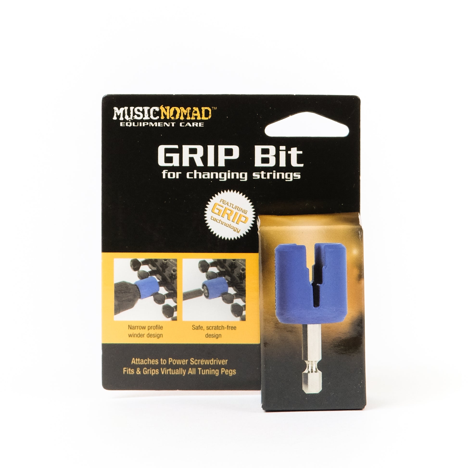 MUSIC NOMAD MN220 GRIP DRILL BIT STRING PEG WINDER FRONT PACKAGE VIEW ON WHITE BACKGROUND