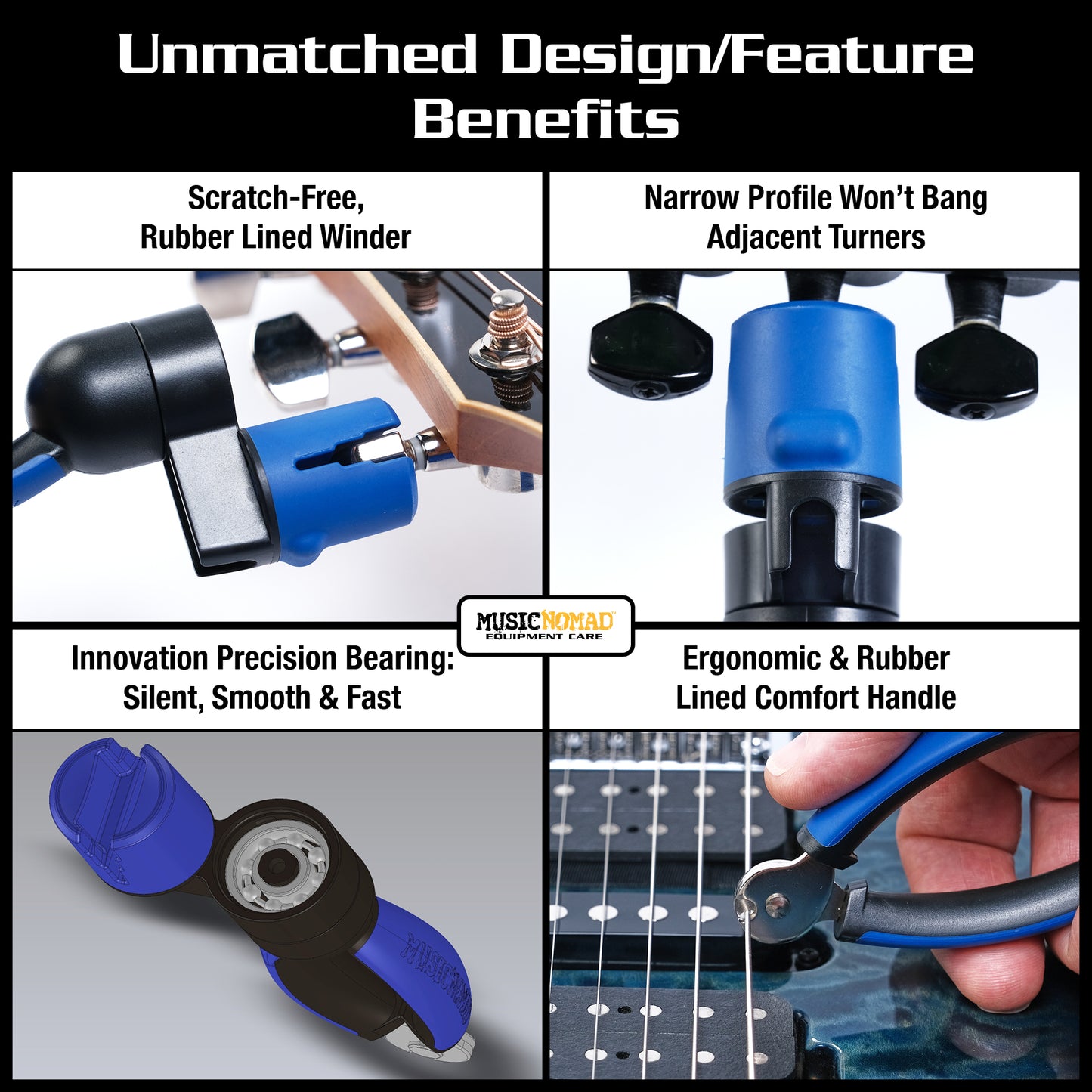 MUSIC NOMAD MN223 GRIP ONE STRING WINDER BRIDGE PIN PULLER UNMATCHED DESIGN FEATURES SCRATCH FREE NARROW PROFILE WON'T BAND ADJACENT TUNERS INNOVATION PRECISIONBEARING AND ERGO AND RUBBER LINED COMFORT HANDLE FEATURE IMAGE