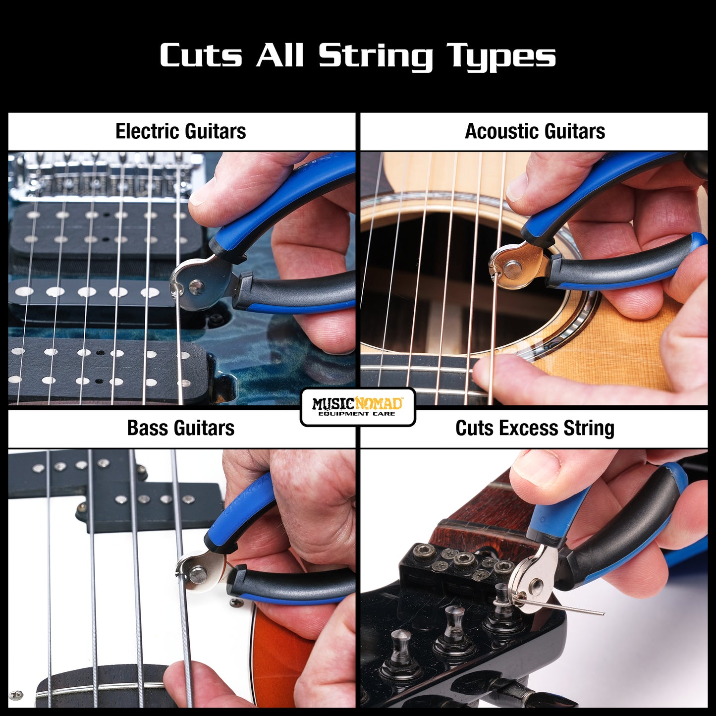 MUSIC NOMAD MN223 GRIP ONE STRING WINDER BRIDGE PIN PULLER DEMO ELECTRIC ACOUSTIC BASS GUITARS CUTS EXCESS STRING ON WHITE BACKGROUND
