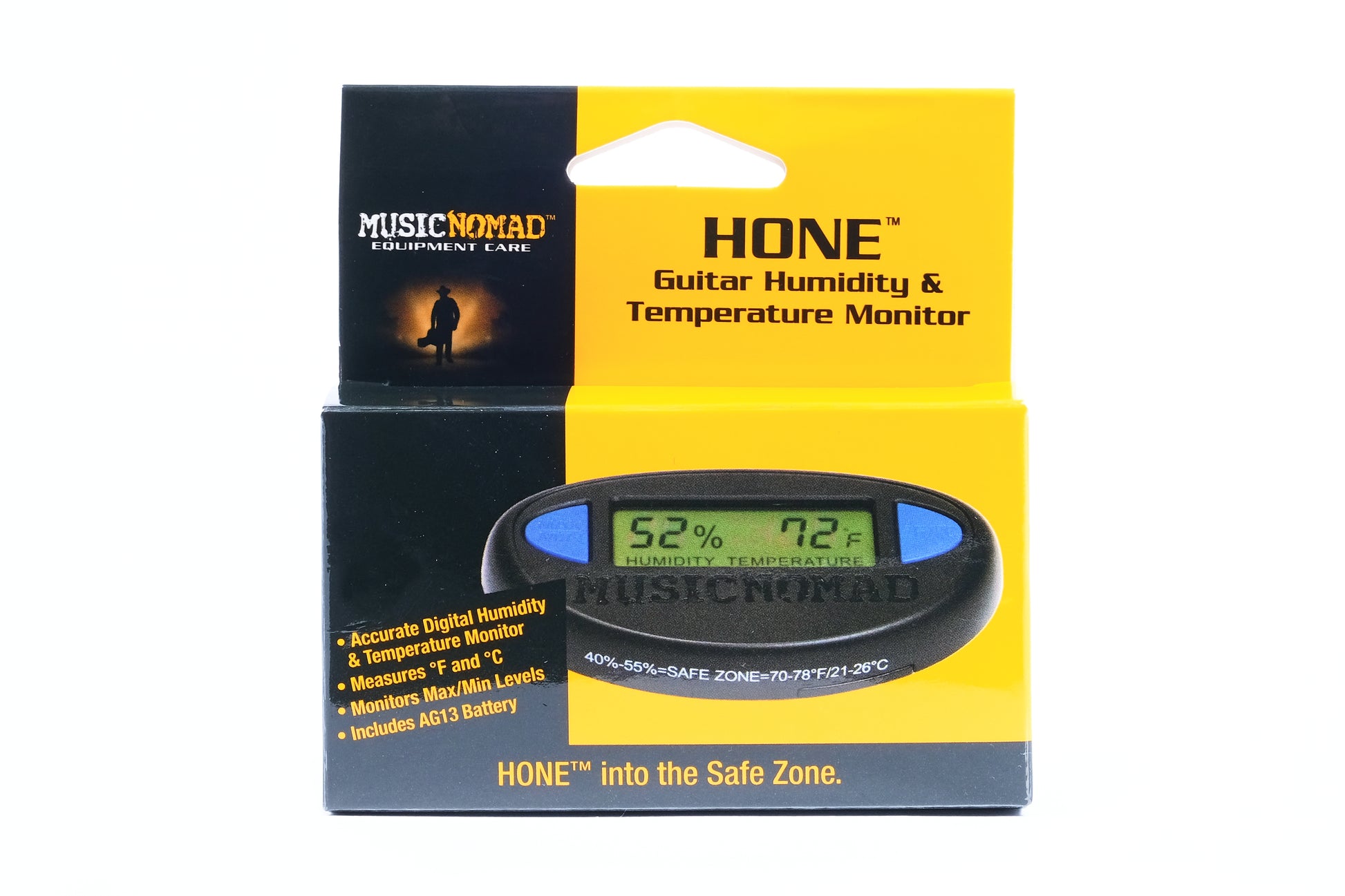 MUSICNOMAD MN312 GUITAR HYGROMETER PACKAGE VIEW FRONT ON WHITE BACKGROUND