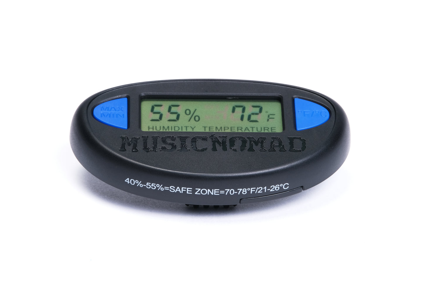MUSICNOMAD MN312 GUITAR HYGROMETER PRODUCT VIEW TOP FRONT ANGLE ON WHITE BACKGROUND