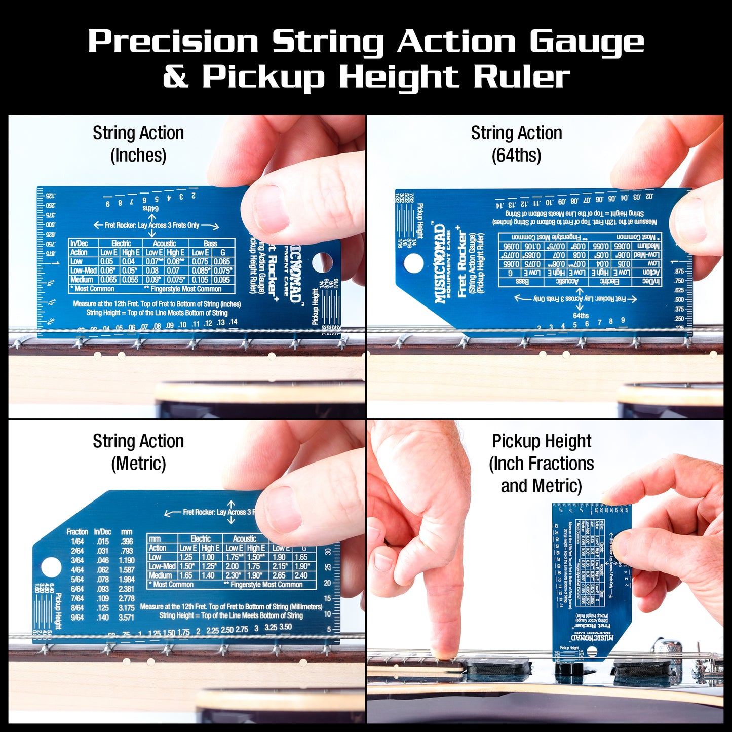 MUSIC NOMAD MN822 FRET ROCKER+ PRECISION STRING ACTION GAUGE AND PICKUP HEIGHT RULER INCHES 64THS METRIC FRACTIN ON WHITE BACKGROUND