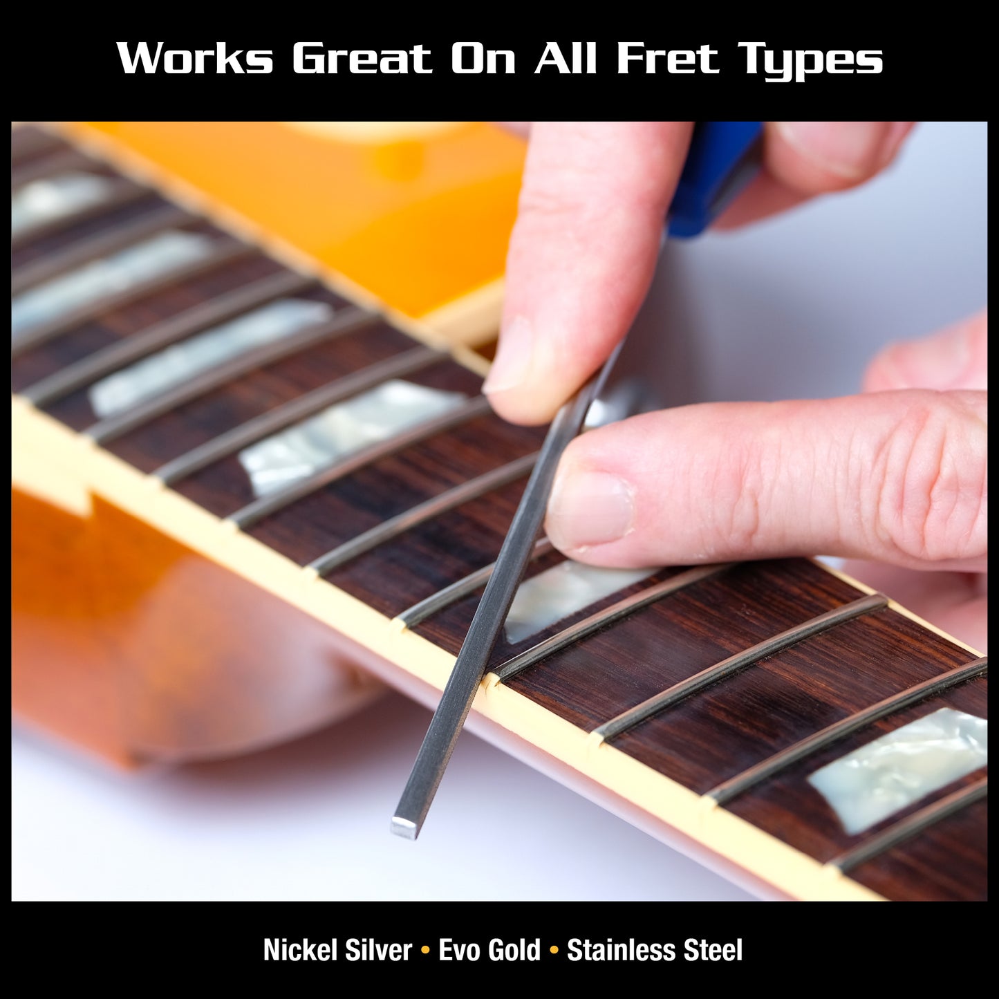 MUSIC NOMAD MN830 FRET END DRESSING FILE CLOSE UP DEMO OF HAND DRESSING FRETBOARD OF ELECTRIC GUITAR