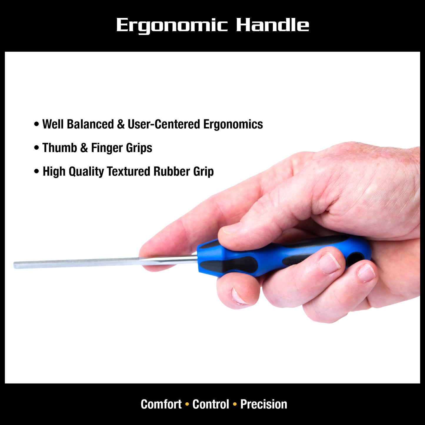 MUSIC NOMAD MN830 FRET END DRESSING FILE ERGONOMIC HANDLE DETAIL SPECS ON WHTE BACKGROUND