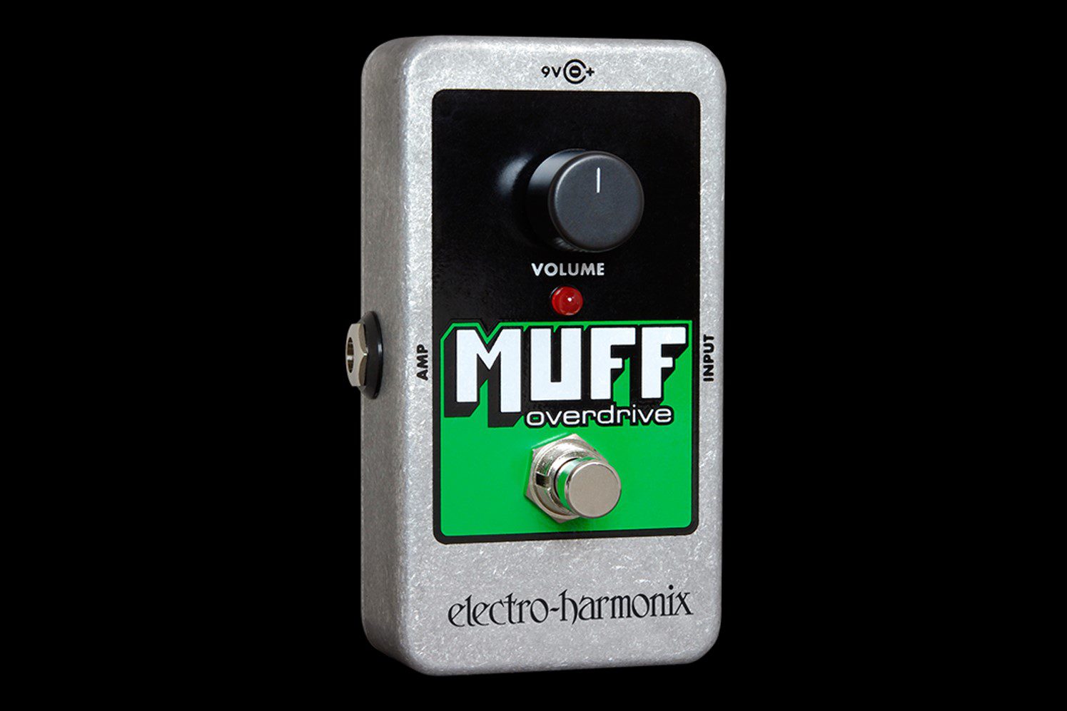 ELECTRO-HARMONIX EHX MUFF OVERDRIVE FRONT SIDE VIEW DARK BACKGROUND