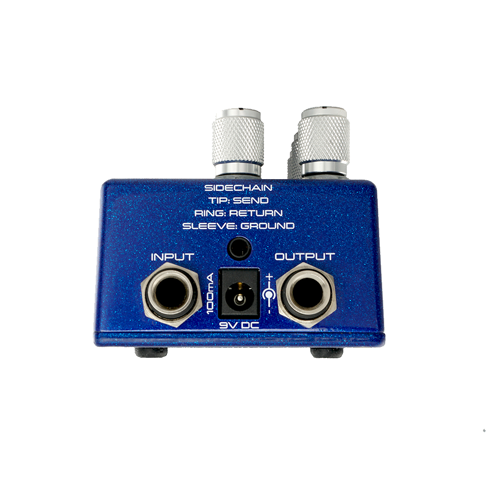EMPRESS EFFECTS COMPRESSOR MK II BLUE SPARKLE AND SILVER SPARKLE TOP VIEW POWER INPUT SIDECHAIN BLUE PEDAL ON TRANSPARENT BACKGROUND