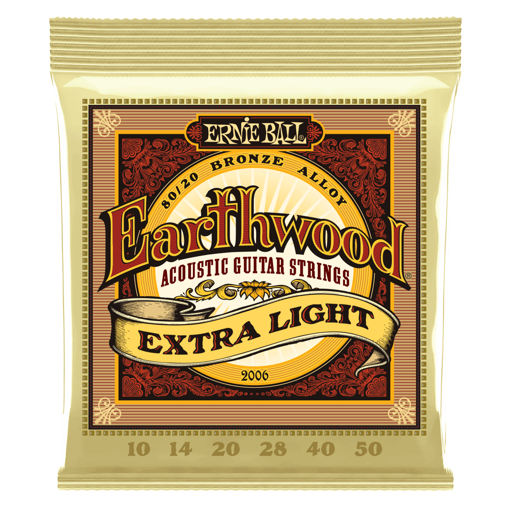  ERNIE BALL EARTHWOOD ACOUSTIC GUITAR STRINGS 2006 EXTRA LIGHT PACKAGE FRONT VIEW ON TRANSPARENT BACKGROUND