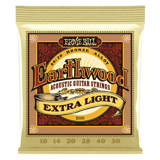  ERNIE BALL EARTHWOOD ACOUSTIC GUITAR STRINGS 2006 EXTRA LIGHT PACKAGE FRONT VIEW ON TRANSPARENT BACKGROUND