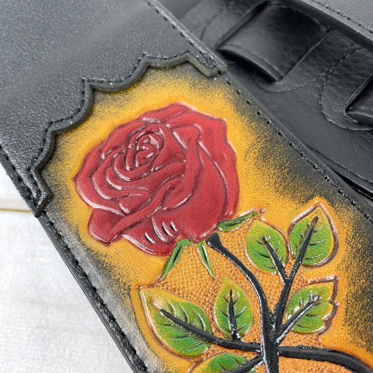 Walker & Williams - CVG-56 Black Leather Guitar Strap With Hand Tooled Red Rose Design