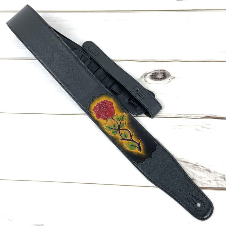 Walker & Williams - CVG-56 Black Leather Guitar Strap With Hand Tooled Red Rose Design