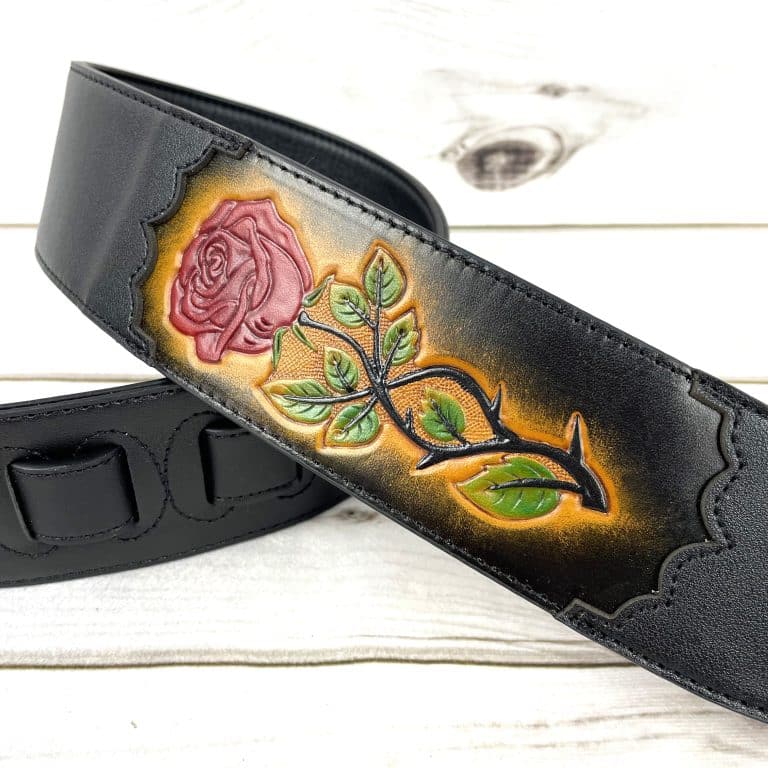 Walker & Williams - CVG-56 Black Leather Guitar Strap With Hand Tooled Red Rose Design