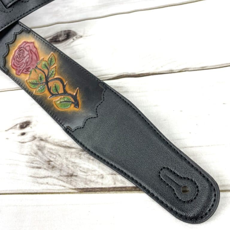 Walker & Williams - CVG-56 Black Leather Guitar Strap With Hand Tooled Red Rose Design