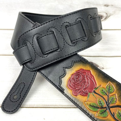 Walker & Williams - CVG-56 Black Leather Guitar Strap With Hand Tooled Red Rose Design