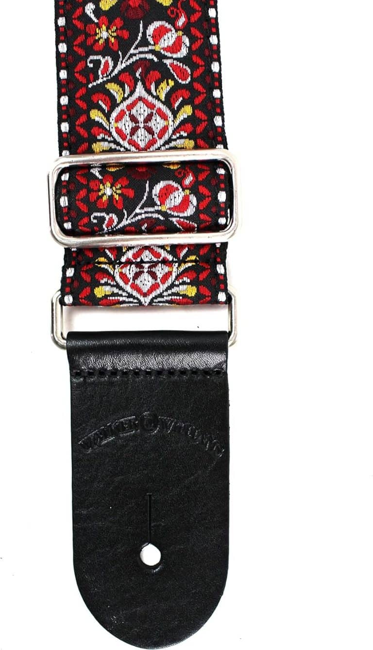 Walker & Williams - H-22-M Vintage Series Red and Black Mandala Woven Guitar Strap with Chrome Hardware & Leather Ends