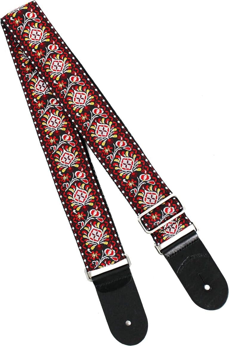 Walker & Williams - H-22-M Vintage Series Red and Black Mandala Woven Guitar Strap with Chrome Hardware & Leather Ends