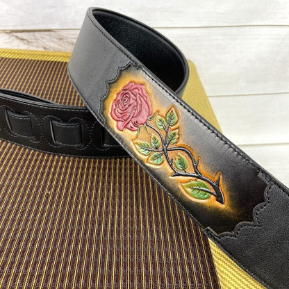 Walker & Williams - CVG-56 Black Leather Guitar Strap With Hand Tooled Red Rose Design