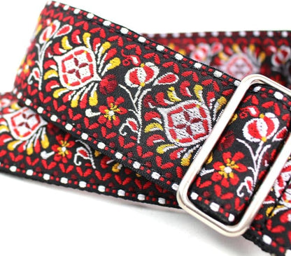 Walker & Williams - H-22-M Vintage Series Red and Black Mandala Woven Guitar Strap with Chrome Hardware & Leather Ends