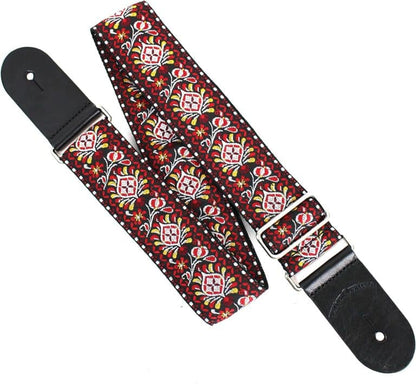 Walker & Williams - H-22-M Vintage Series Red and Black Mandala Woven Guitar Strap with Chrome Hardware & Leather Ends