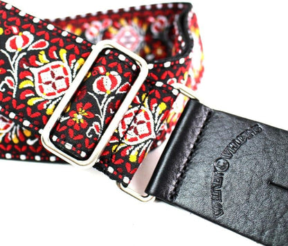 Walker & Williams - H-22-M Vintage Series Red and Black Mandala Woven Guitar Strap with Chrome Hardware & Leather Ends