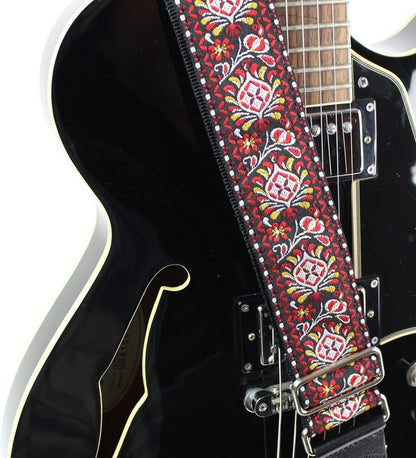 Walker & Williams - H-22-M Vintage Series Red and Black Mandala Woven Guitar Strap with Chrome Hardware & Leather Ends