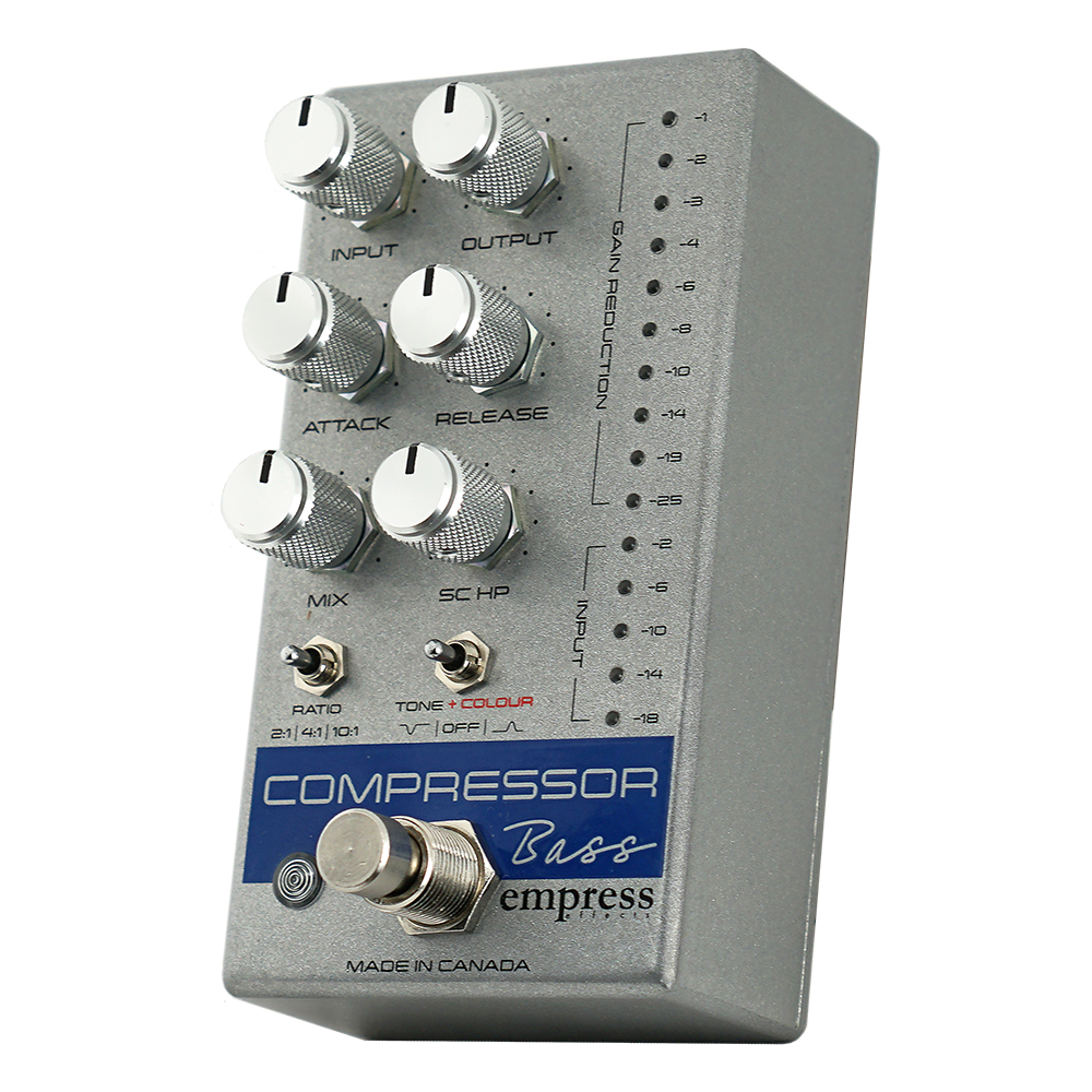  EMPRESS EFFECTS BASS COMPRESSOR BLUE AND SILVER SPARKLE SILVER FRONT RIGHT SIDE VIEW ON TRANSPARENT BACKGROUND