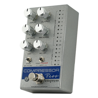  EMPRESS EFFECTS BASS COMPRESSOR BLUE AND SILVER SPARKLE SILVER FRONT RIGHT SIDE VIEW ON TRANSPARENT BACKGROUND