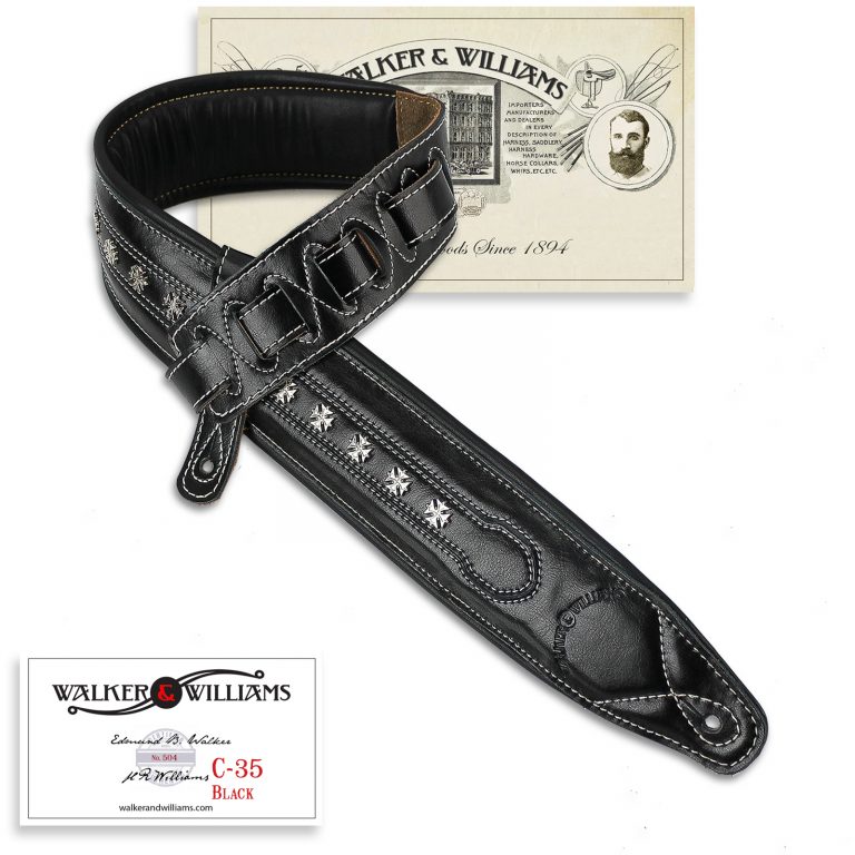 Walker & Williams - C-35 Black Premium Leather with Studs Double Padded Strap