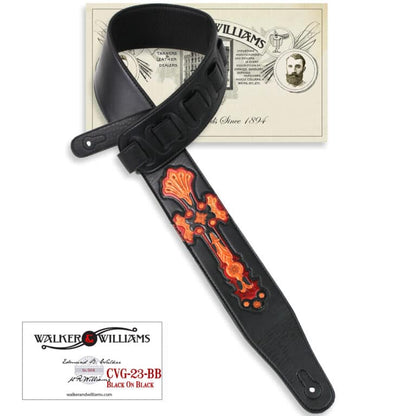 Walker & Williams - CVG-23-BB Hand Tooled Black & Red Cross Design w/Black Stitching