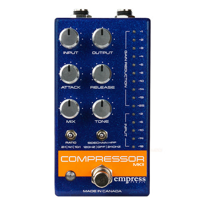  EMPRESS EFFECTS COMPRESSOR MK II BLUE SPARKLE AND SILVER SPARKLE FRONT VIEW ON WHITE BACKGROUND