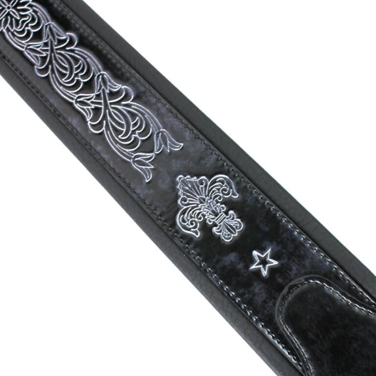 Walker & Williams - GB-20 Denim Black Padded Leather Strap with Fleur De Lis & French Chain Design