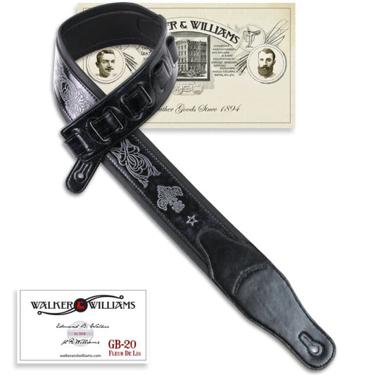 Walker & Williams - GB-20 Denim Black Padded Leather Strap with Fleur De Lis & French Chain Design