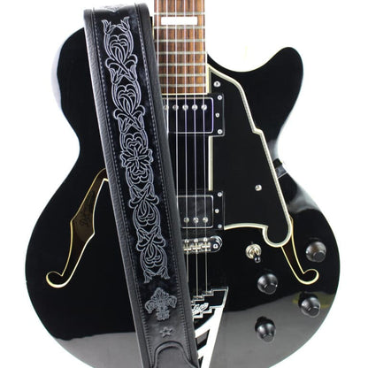 Walker & Williams - GB-20 Denim Black Padded Leather Strap with Fleur De Lis & French Chain Design