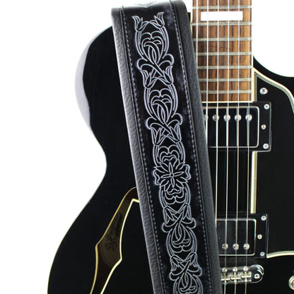 Walker & Williams - GB-20 Denim Black Padded Leather Strap with Fleur De Lis & French Chain Design