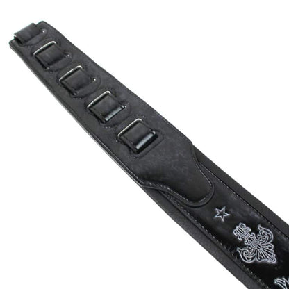 Walker & Williams - GB-20 Denim Black Padded Leather Strap with Fleur De Lis & French Chain Design