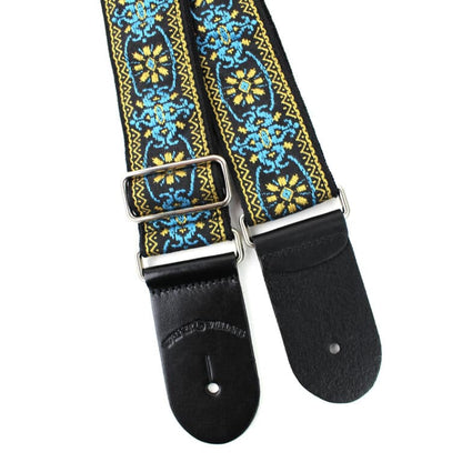 Walker & Williams - H-01-M Vintage Series Blue & Gold Mandala Woven Guitar Strap with Chrome Hardware & Leather Ends